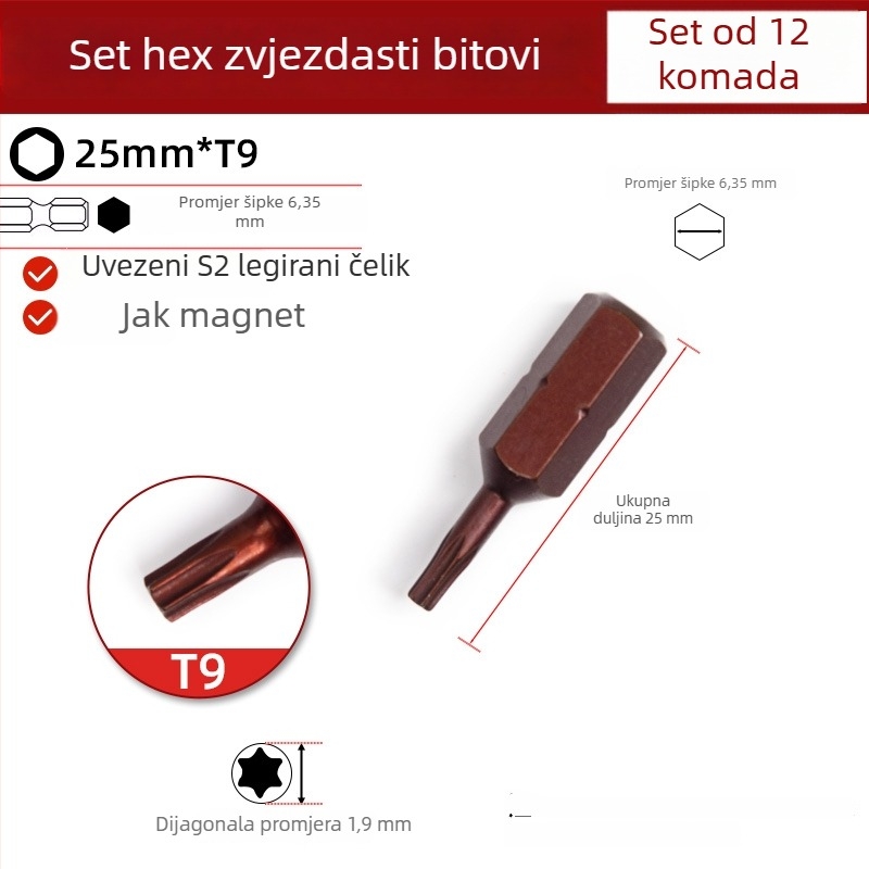 25 mm magnetski šesterokutni zvjezdasti kratki bit za električnu bušilicu, odvijač i pneumatski alat