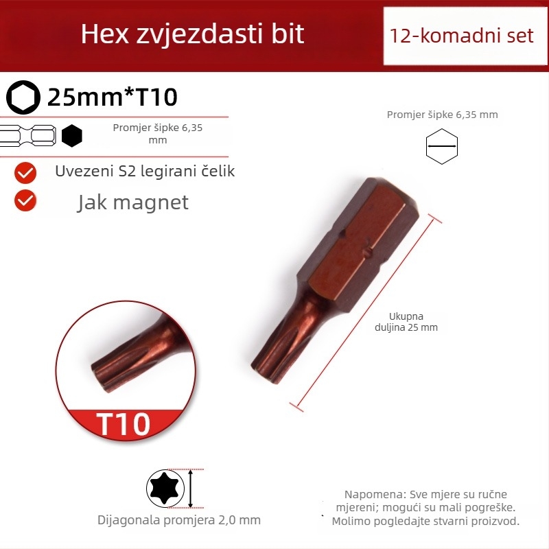 25 mm magnetski šesterokutni zvjezdasti kratki bit za električnu bušilicu, odvijač i pneumatski alat