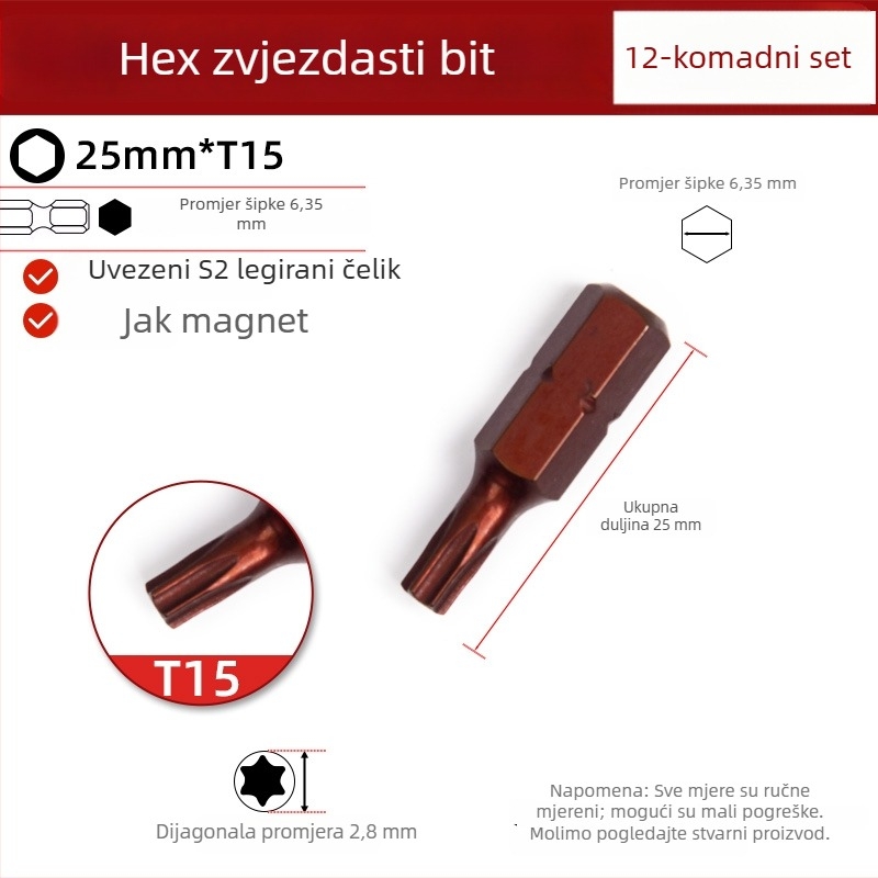 25 mm magnetski šesterokutni zvjezdasti kratki bit za električnu bušilicu, odvijač i pneumatski alat
