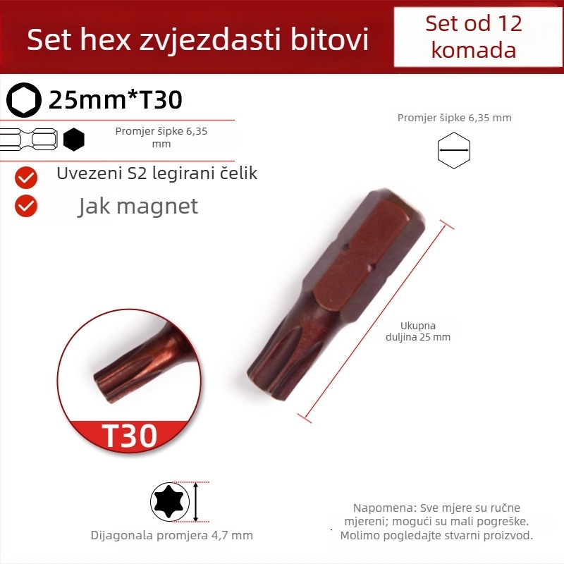 25 mm magnetski šesterokutni zvjezdasti kratki bit za električnu bušilicu, odvijač i pneumatski alat