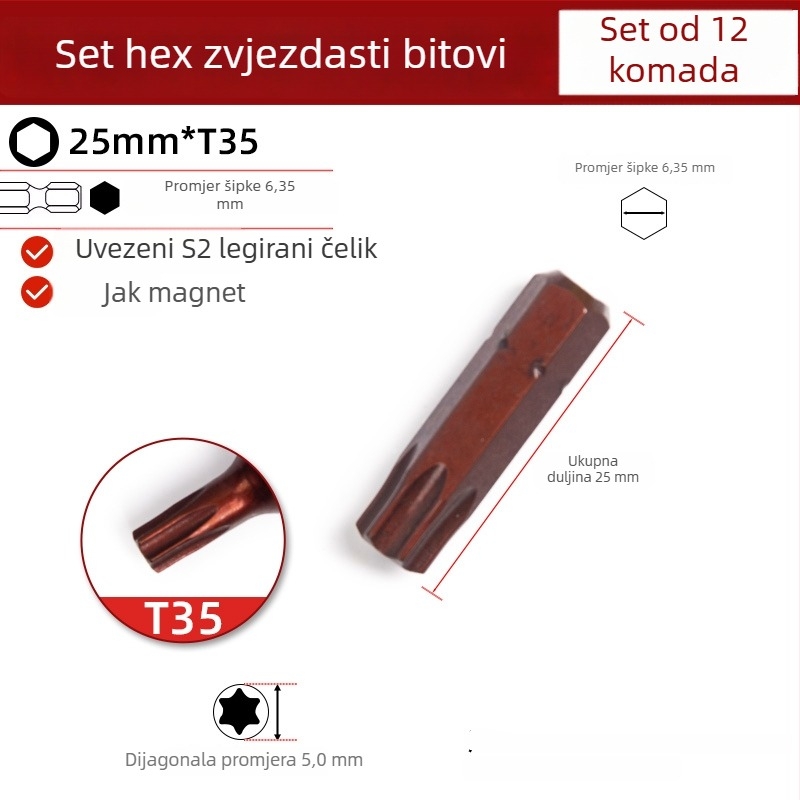 25 mm magnetski šesterokutni zvjezdasti kratki bit za električnu bušilicu, odvijač i pneumatski alat