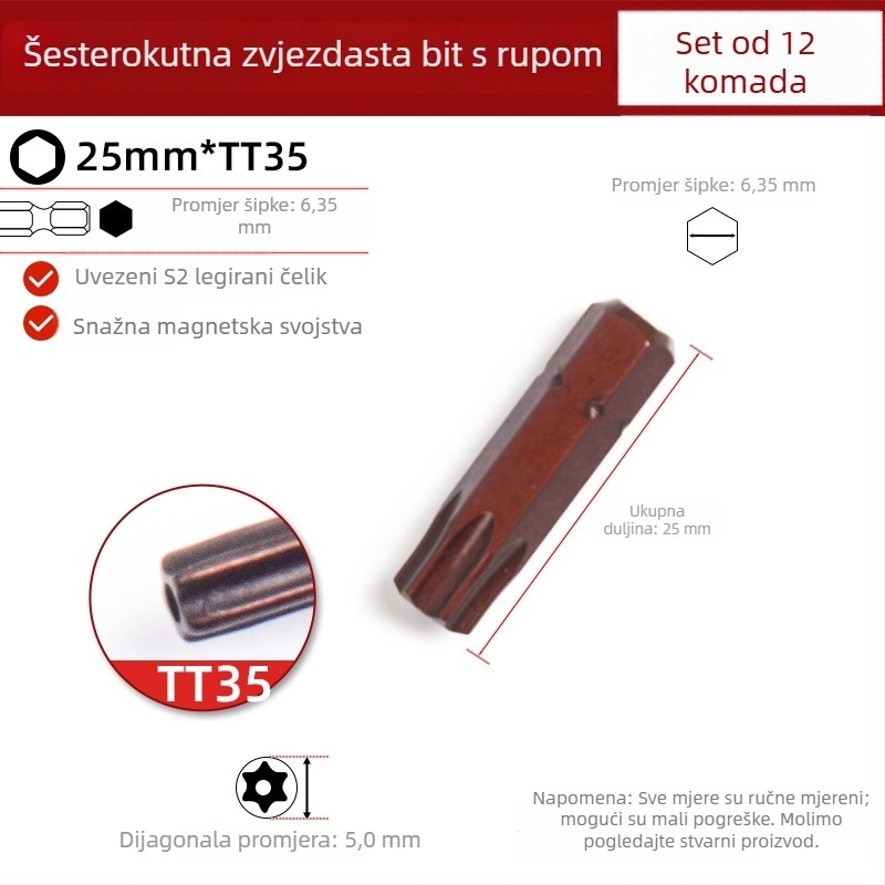 25 mm magnetski šesterokutni zvjezdasti kratki bit za električnu bušilicu, odvijač i pneumatski alat