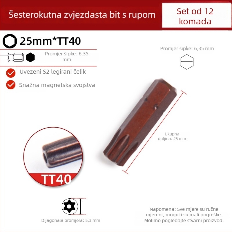 25 mm magnetski šesterokutni zvjezdasti kratki bit za električnu bušilicu, odvijač i pneumatski alat