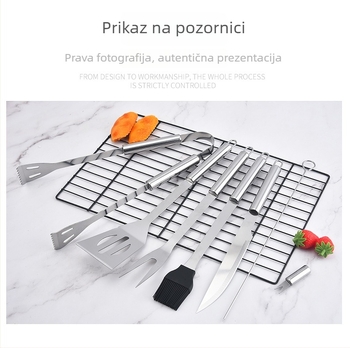 Set alata za vanjski roštilj od nehrđajućeg čelika u platnenoj torbi – rukavice, nož, klipsa, četka, vilica, znak, lopata; materijal: nehrđajući čelik; 12 setova po kutiji; brend Feng rui