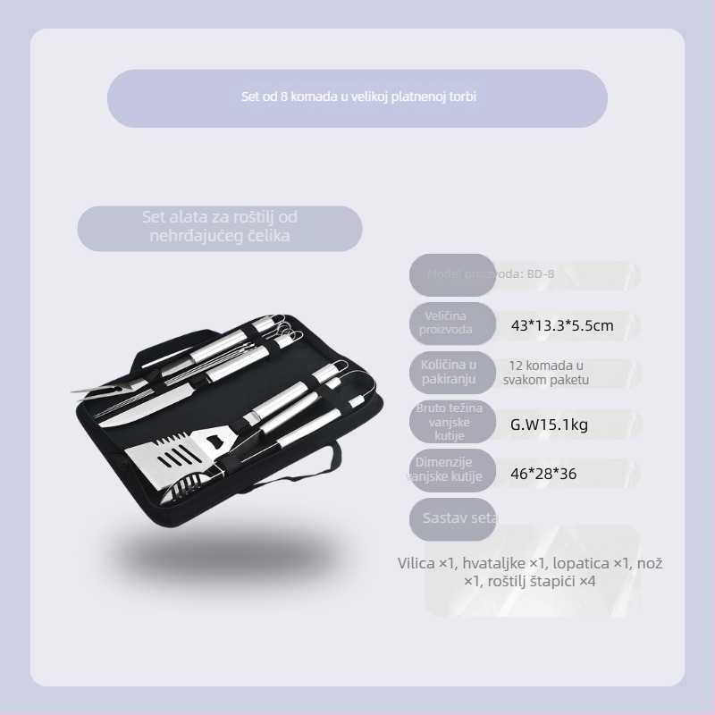 Set alata za vanjski roštilj od nehrđajućeg čelika u platnenoj torbi – rukavice, nož, klipsa, četka, vilica, znak, lopata; materijal: nehrđajući čelik; 12 setova po kutiji; brend Feng rui