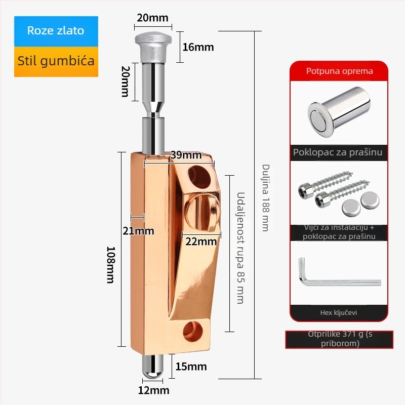 Okretni zasun za vrata, aluminijska legura, okvir vrata, Knob Key model, elektroplatinirani završetak