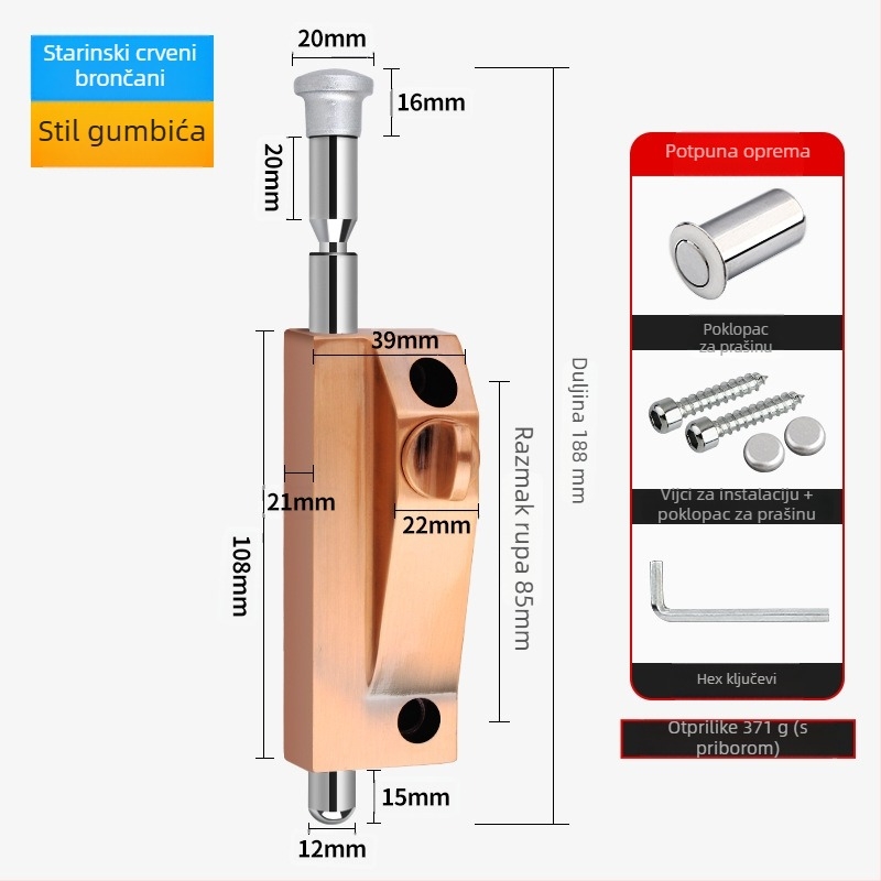 Okretni zasun za vrata, aluminijska legura, okvir vrata, Knob Key model, elektroplatinirani završetak
