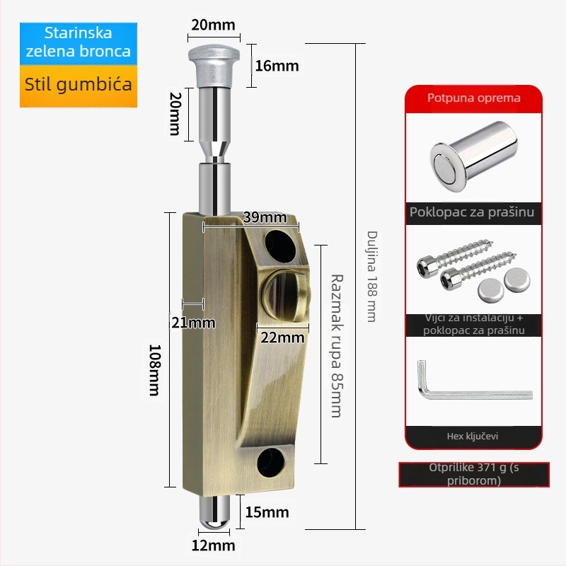 Okretni zasun za vrata, aluminijska legura, okvir vrata, Knob Key model, elektroplatinirani završetak