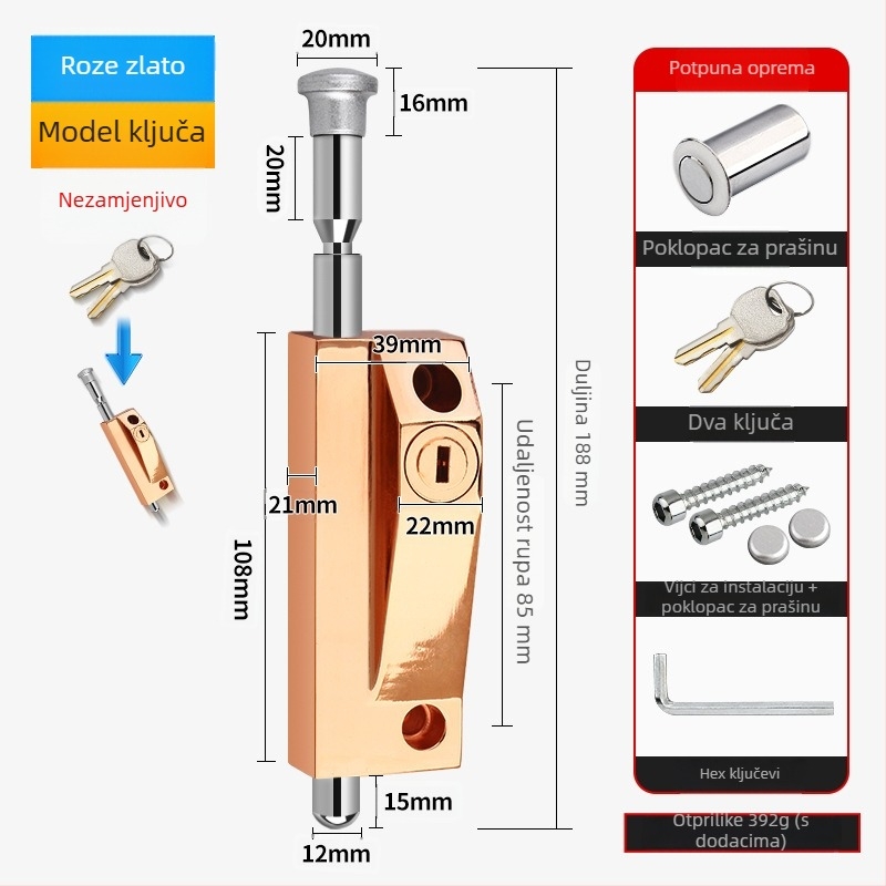 Okretni zasun za vrata, aluminijska legura, okvir vrata, Knob Key model, elektroplatinirani završetak
