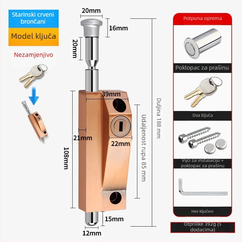 Okretni zasun za vrata, aluminijska legura, okvir vrata, Knob Key model, elektroplatinirani završetak
