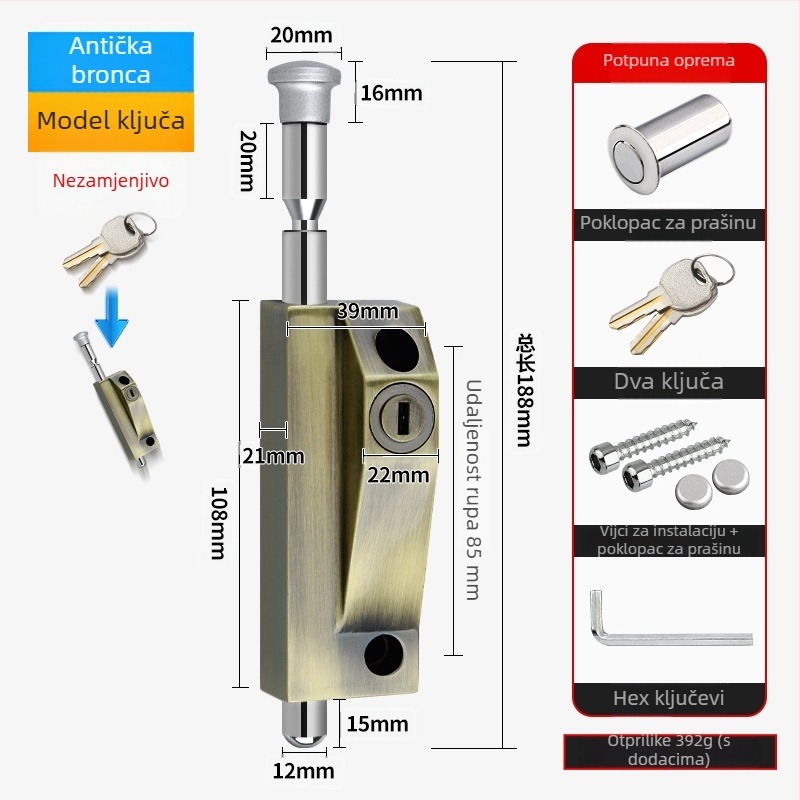 Okretni zasun za vrata, aluminijska legura, okvir vrata, Knob Key model, elektroplatinirani završetak