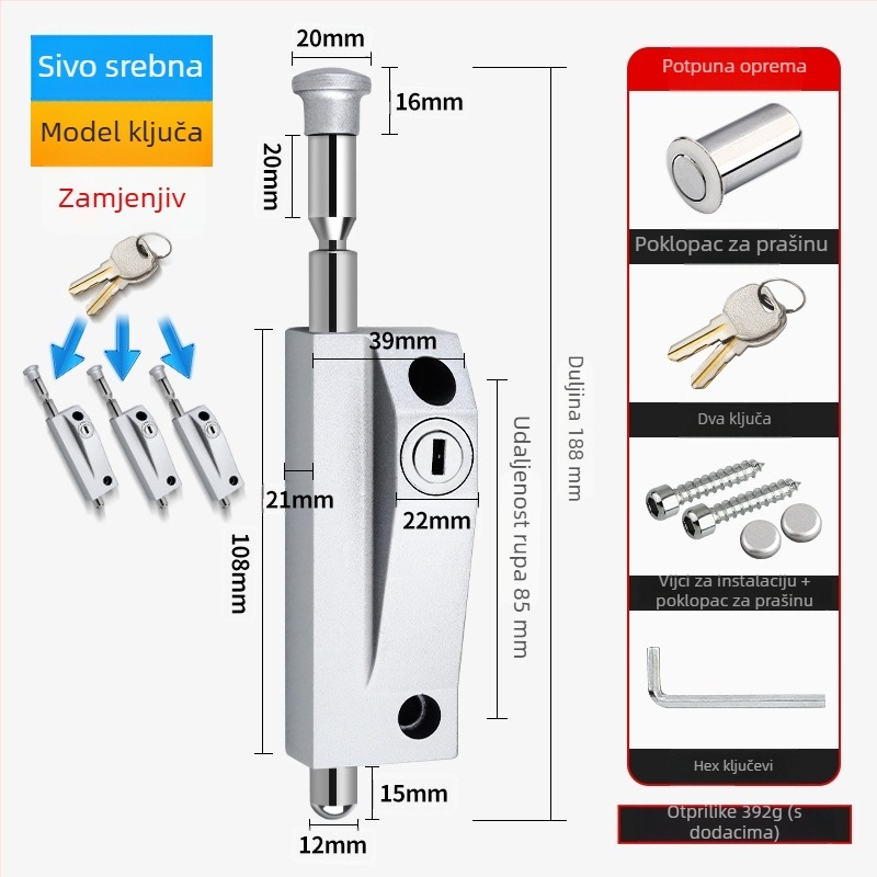 Okretni zasun za vrata, aluminijska legura, okvir vrata, Knob Key model, elektroplatinirani završetak