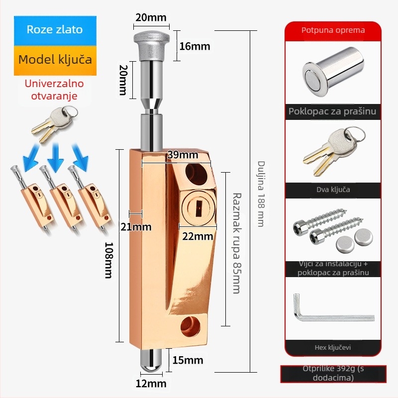 Okretni zasun za vrata, aluminijska legura, okvir vrata, Knob Key model, elektroplatinirani završetak
