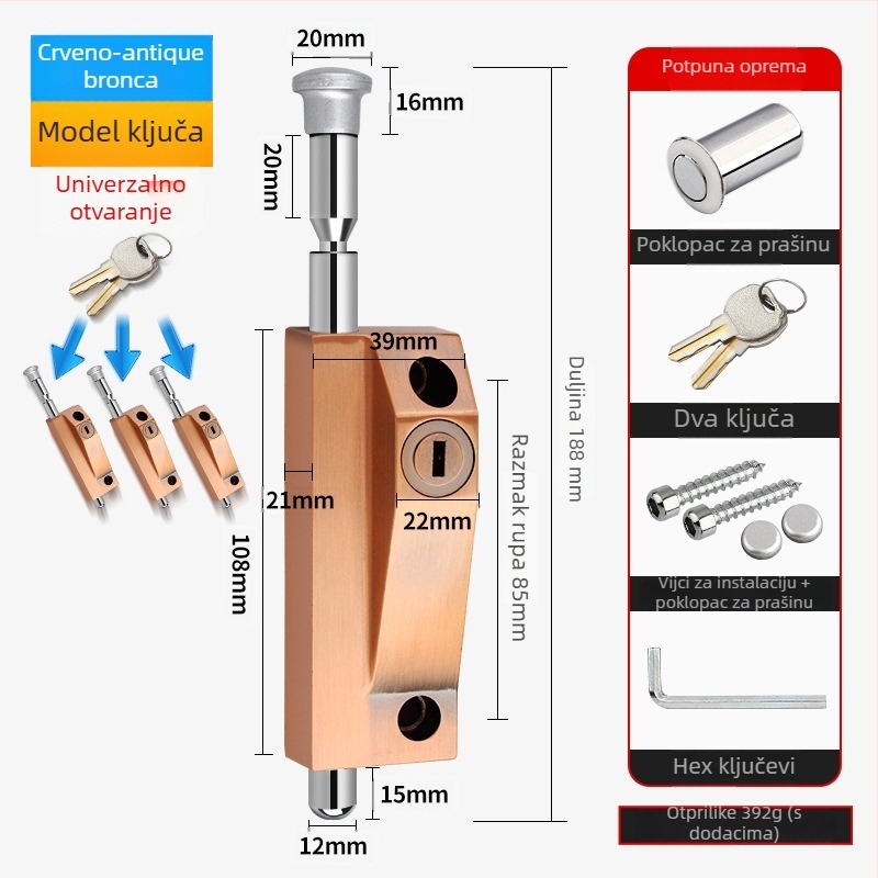 Okretni zasun za vrata, aluminijska legura, okvir vrata, Knob Key model, elektroplatinirani završetak