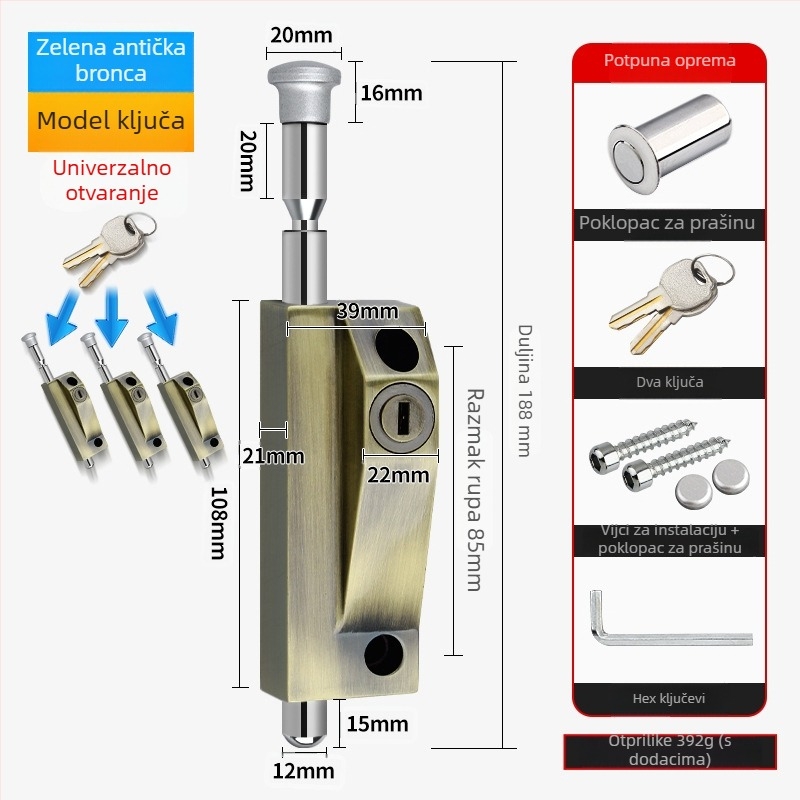 Okretni zasun za vrata, aluminijska legura, okvir vrata, Knob Key model, elektroplatinirani završetak