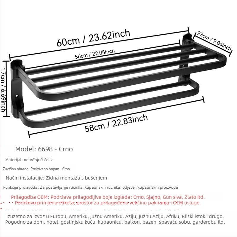 Stalak za ručnike od nehrđajućeg čelika, zidni, 2-slojni, finO poliranje, nosivost 20, perforirano montiranje