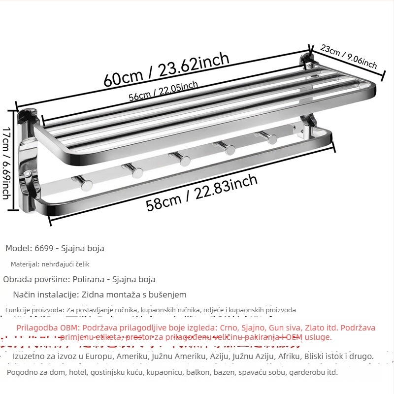 Stalak za ručnike od nehrđajućeg čelika, zidni, 2-slojni, finO poliranje, nosivost 20, perforirano montiranje