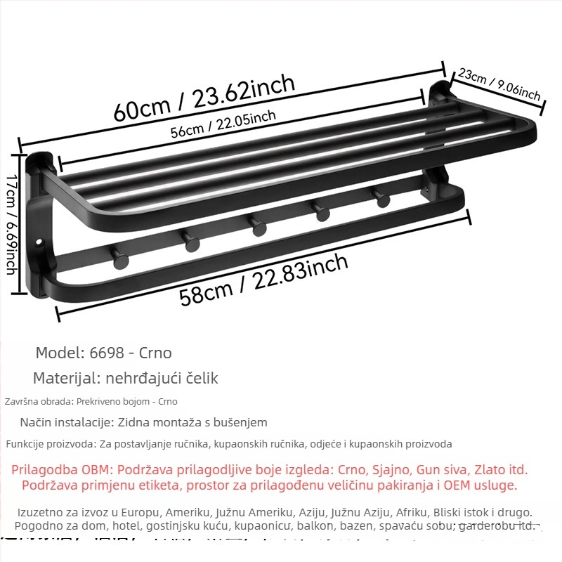 Stalak za ručnike od nehrđajućeg čelika, zidni, 2-slojni, finO poliranje, nosivost 20, perforirano montiranje