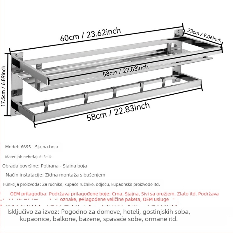 Stalak za ručnike od nehrđajućeg čelika, zidni, 2-slojni, finO poliranje, nosivost 20, perforirano montiranje