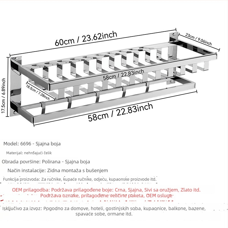 Stalak za ručnike od nehrđajućeg čelika, zidni, 2-slojni, finO poliranje, nosivost 20, perforirano montiranje
