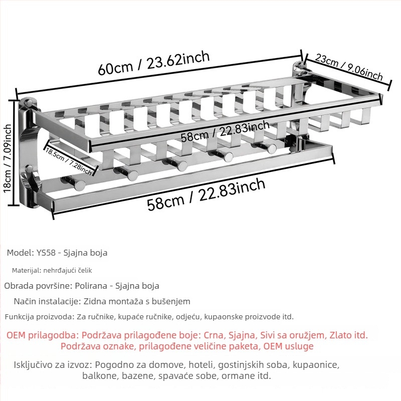 Stalak za ručnike od nehrđajućeg čelika, zidni, 2-slojni, finO poliranje, nosivost 20, perforirano montiranje