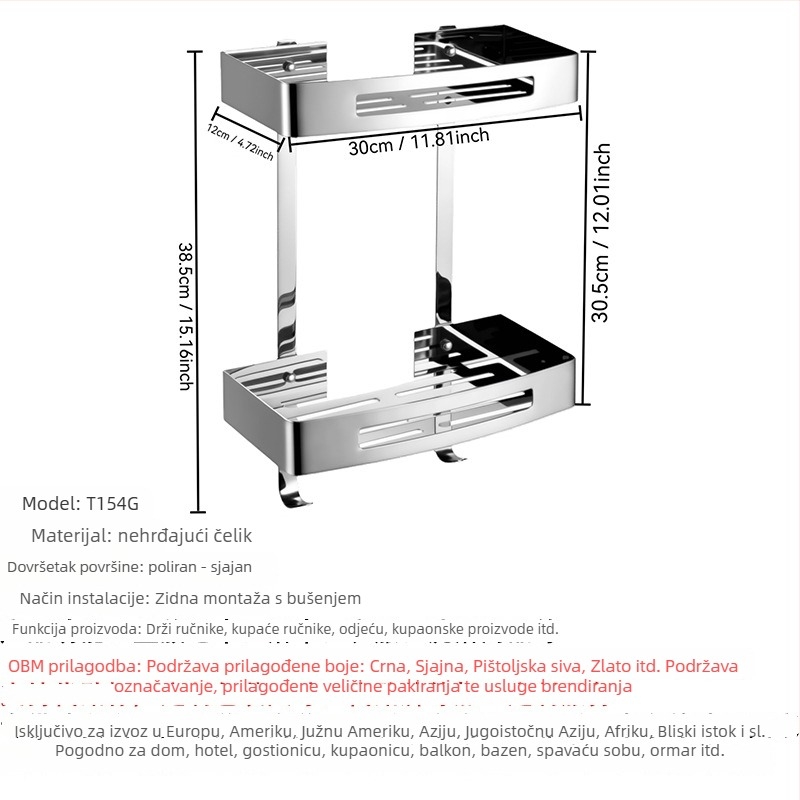 Stalak za ručnike od nehrđajućeg čelika, zidni, 2-slojni, finO poliranje, nosivost 20, perforirano montiranje