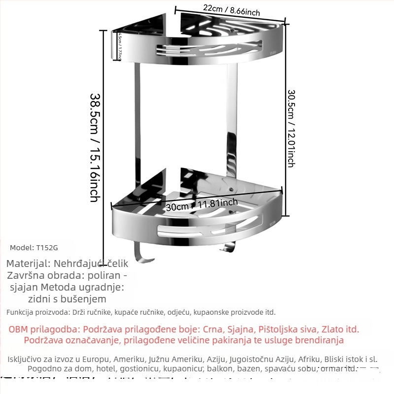 Stalak za ručnike od nehrđajućeg čelika, zidni, 2-slojni, finO poliranje, nosivost 20, perforirano montiranje