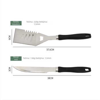 Prijenosni set za roštilj od 410 nehrđajućeg čelika s ručkom u obliku tikve, u torbi od Oxford platna — uključuje nož, klipsu, četku, vilicu, ražnjić i lopaticu