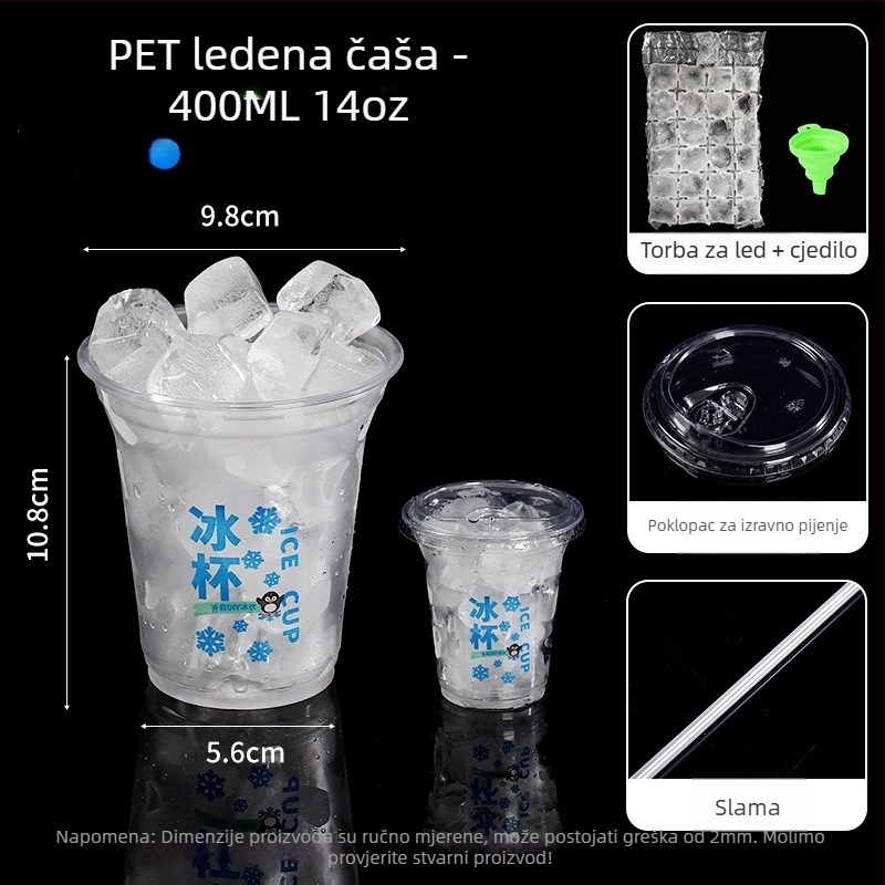 Jednokratna PET plastična čaša za hladne napitke, ovalni oblik, prozirna, zapremina 401–500 ml, pogodna za mliječni čaj i kavu