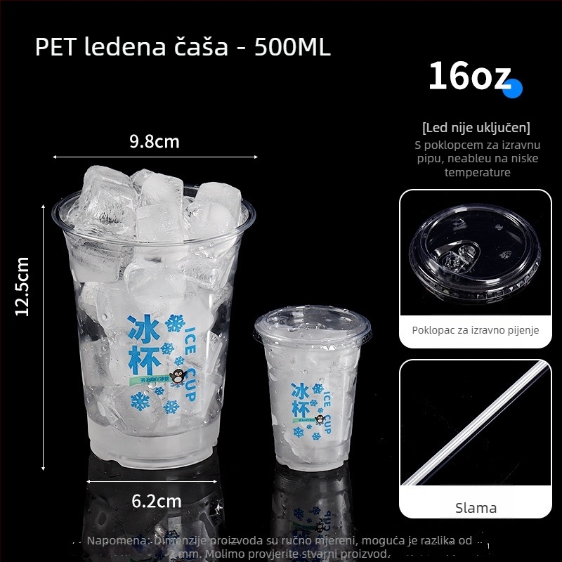 Jednokratna PET plastična čaša za hladne napitke, ovalni oblik, prozirna, zapremina 401–500 ml, pogodna za mliječni čaj i kavu