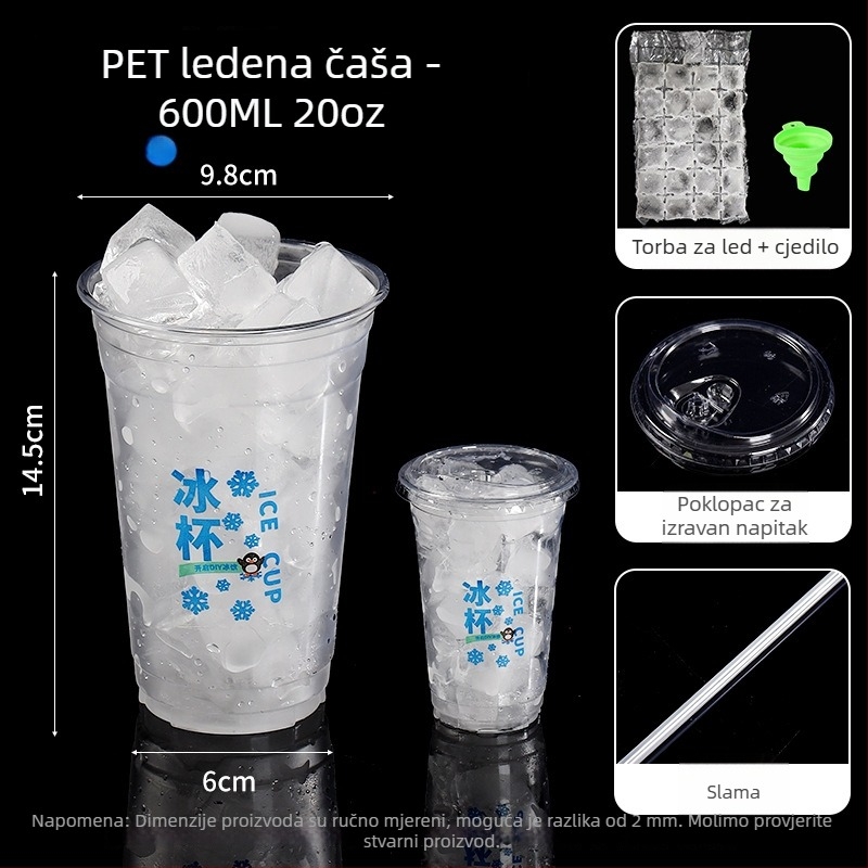 Jednokratna PET plastična čaša za hladne napitke, ovalni oblik, prozirna, zapremina 401–500 ml, pogodna za mliječni čaj i kavu