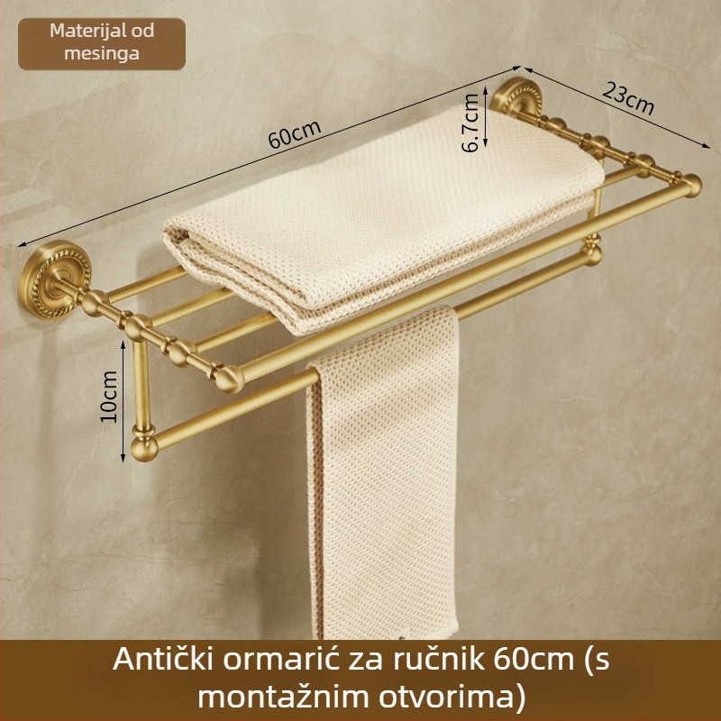 Bakreni držač za ručnike, antik stil, kupaonica, jednodjelni dizajn, brušena površina, nosivost 10 kg