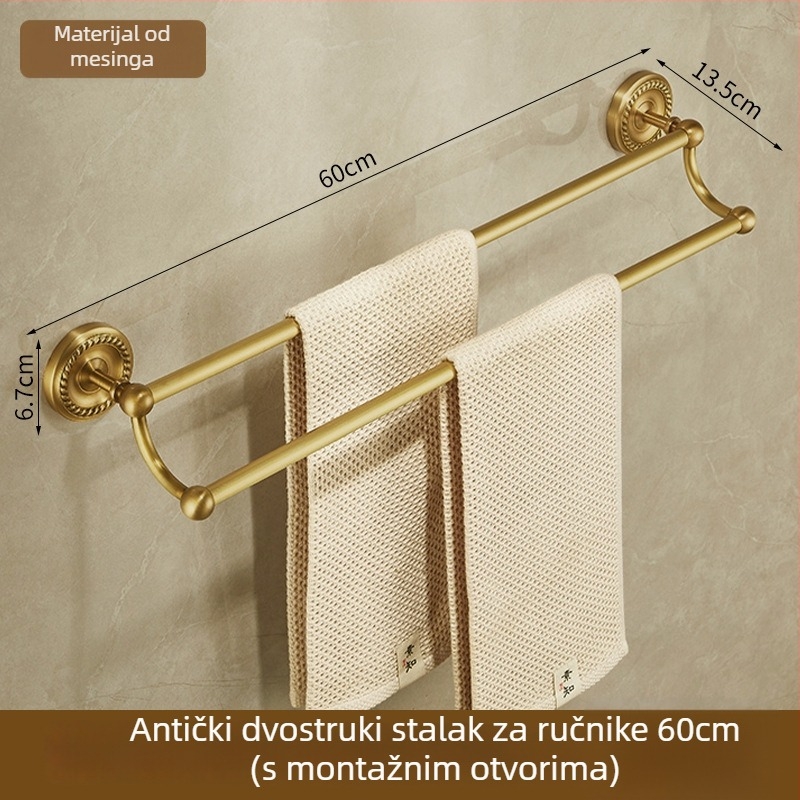 Bakreni držač za ručnike, antik stil, kupaonica, jednodjelni dizajn, brušena površina, nosivost 10 kg