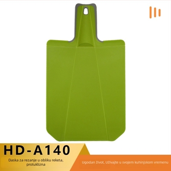Daska za rezanje u obliku rakete, protuklizna, od vanjske plastike; prijenosna i sklopiva, namijenjena za hranu. Materijal: Plast + TPR; Porijeklo: Yangjiang; Stil: Udobno