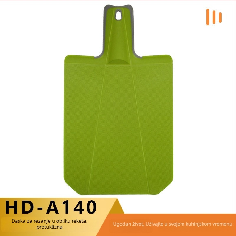 Daska za rezanje u obliku rakete, protuklizna, od vanjske plastike; prijenosna i sklopiva, namijenjena za hranu. Materijal: Plast + TPR; Porijeklo: Yangjiang; Stil: Udobno