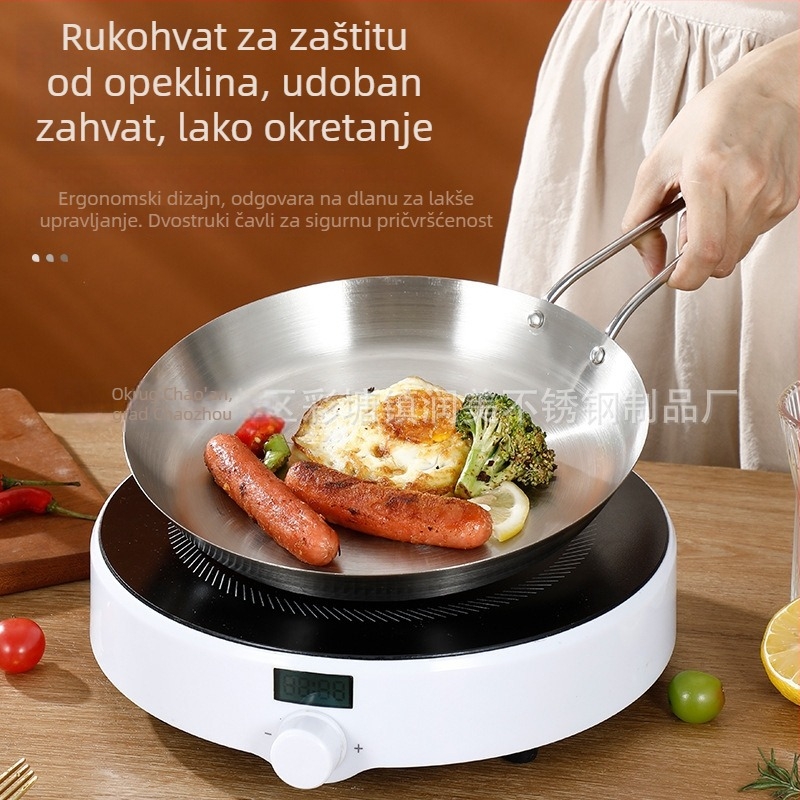 Tiganj za prženje od prehrambene nehrđajuće čelika 201, trostruko debela konstrukcija za ravnomjernu raspodjelu topline, drška protiv opeklina, pogodan za prženje odresaka, jaja i palačinki