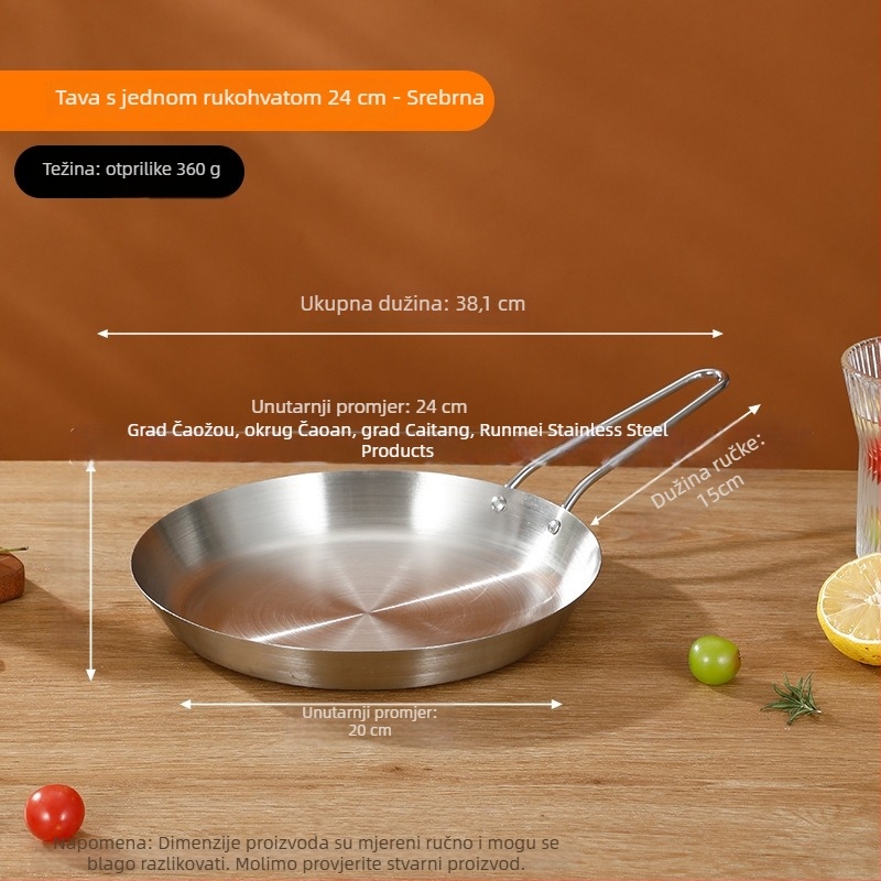 Tiganj za prženje od prehrambene nehrđajuće čelika 201, trostruko debela konstrukcija za ravnomjernu raspodjelu topline, drška protiv opeklina, pogodan za prženje odresaka, jaja i palačinki