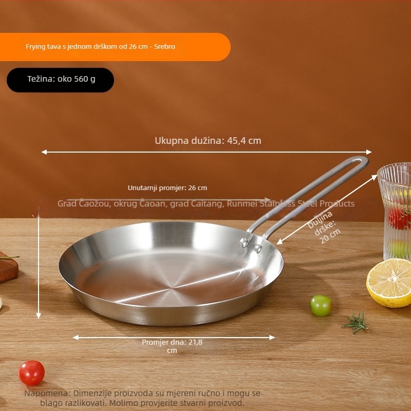 Tiganj za prženje od prehrambene nehrđajuće čelika 201, trostruko debela konstrukcija za ravnomjernu raspodjelu topline, drška protiv opeklina, pogodan za prženje odresaka, jaja i palačinki
