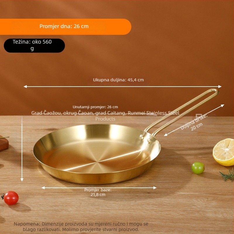 Tiganj za prženje od prehrambene nehrđajuće čelika 201, trostruko debela konstrukcija za ravnomjernu raspodjelu topline, drška protiv opeklina, pogodan za prženje odresaka, jaja i palačinki