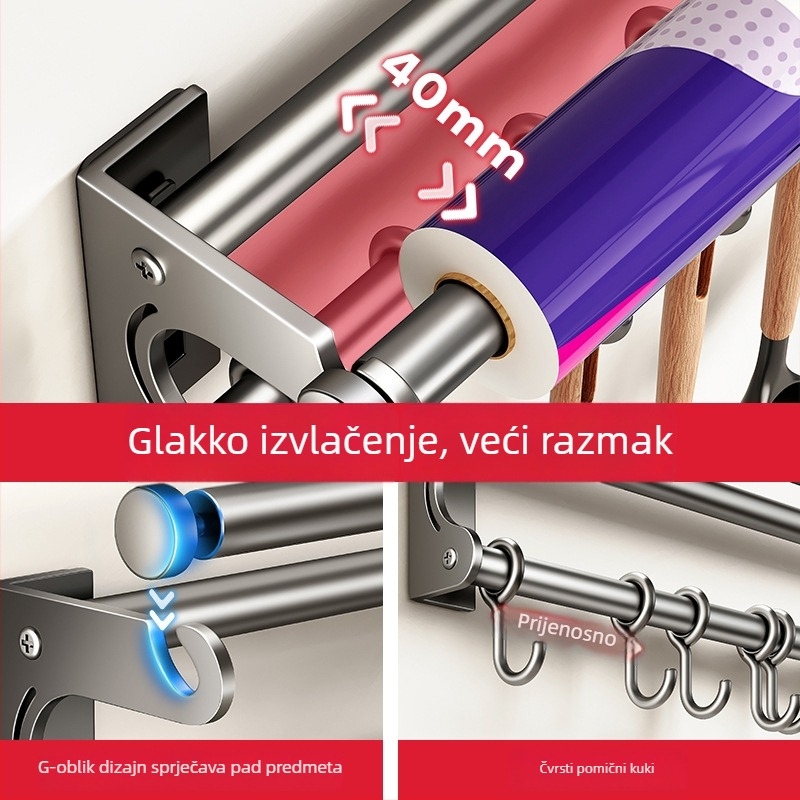 Zidni kuhinjski regał s držačem noževa, nehrđajući čelik, višenamjenski, moderan minimalistički stil