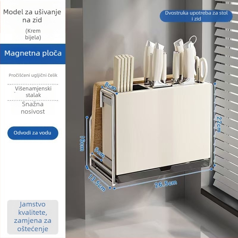 Kuhinjski držač noževa – višestruki, pomični, od karbonske čeli, nordičkog stila, pravokutnog dizajna