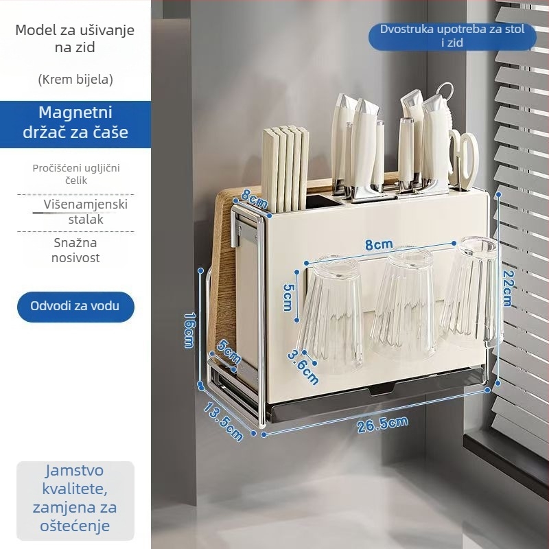 Kuhinjski držač noževa – višestruki, pomični, od karbonske čeli, nordičkog stila, pravokutnog dizajna