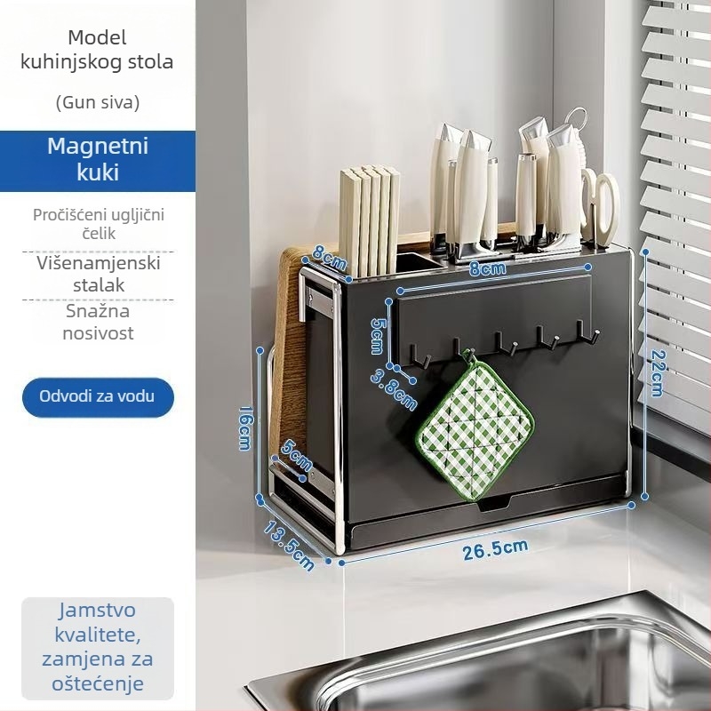 Kuhinjski držač noževa – višestruki, pomični, od karbonske čeli, nordičkog stila, pravokutnog dizajna