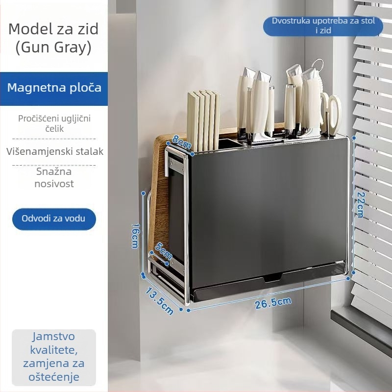 Kuhinjski držač noževa – višestruki, pomični, od karbonske čeli, nordičkog stila, pravokutnog dizajna