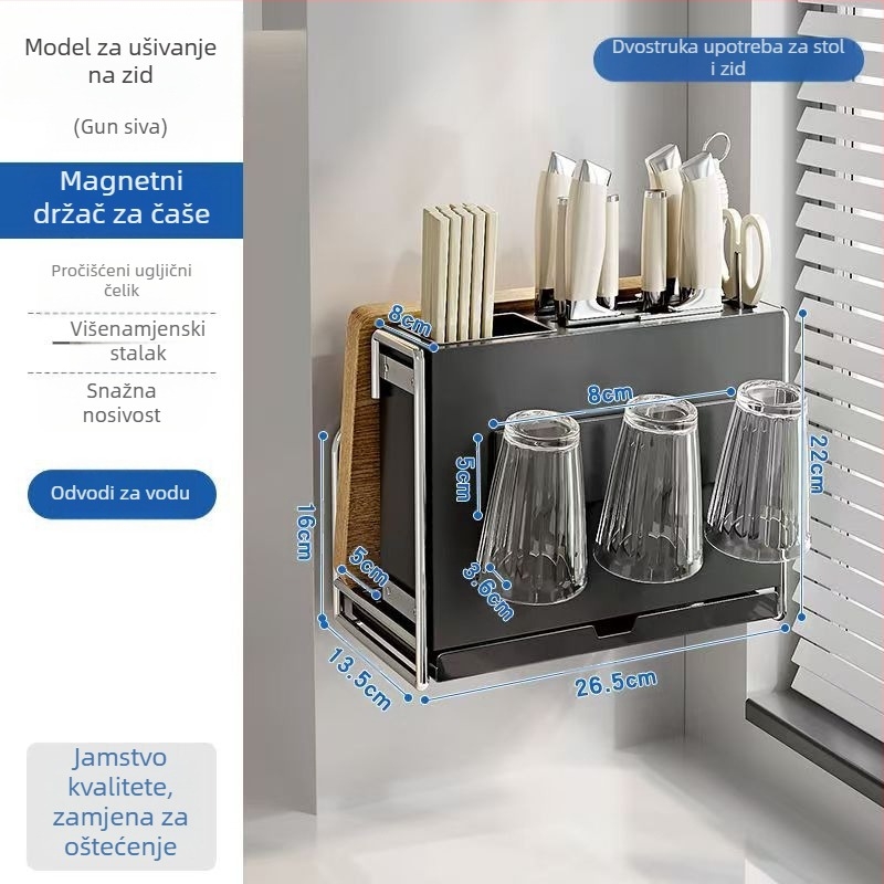 Kuhinjski držač noževa – višestruki, pomični, od karbonske čeli, nordičkog stila, pravokutnog dizajna