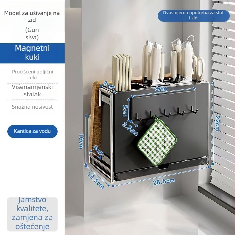 Kuhinjski držač noževa – višestruki, pomični, od karbonske čeli, nordičkog stila, pravokutnog dizajna