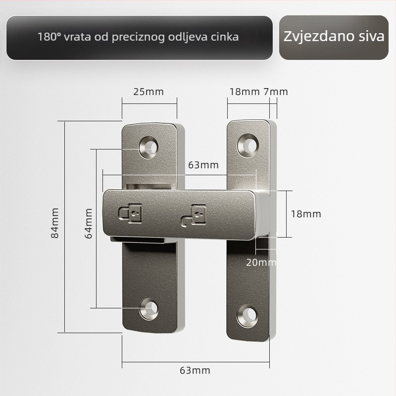 Vrata zasun Tip A, Model 83 Buckle, Cinkov lit, Pješčani završni, Montaža na površinu, Unutarnja uporaba