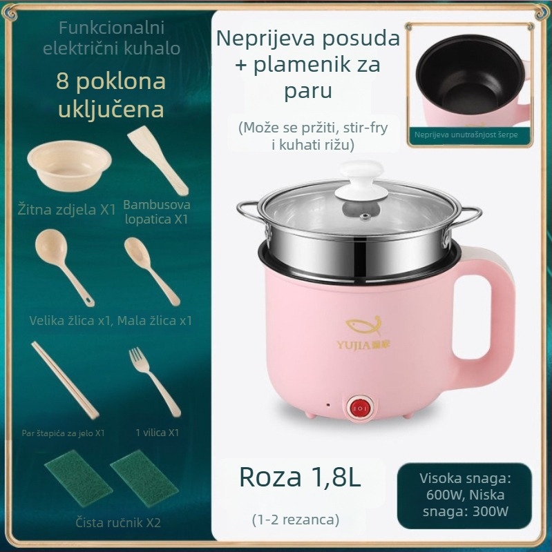 Višenamjenska električna posuda za kuhanje – para, prženje, kuhanje, topliji lonac; 600 W • kapacitet 1–2 L • unutarnja posuda od nehrđajućeg čelika • mikroprocesorsko upravljanje • regulacija temperature