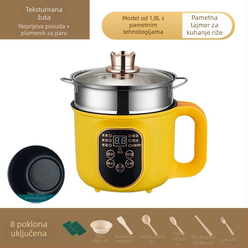Višenamjenska električna posuda za kuhanje – para, prženje, kuhanje, topliji lonac; 600 W • kapacitet 1–2 L • unutarnja posuda od nehrđajućeg čelika • mikroprocesorsko upravljanje • regulacija temperature