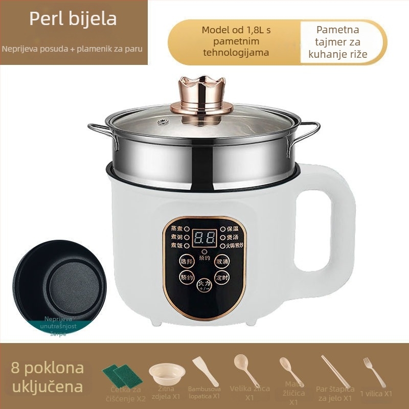 Višenamjenska električna posuda za kuhanje – para, prženje, kuhanje, topliji lonac; 600 W • kapacitet 1–2 L • unutarnja posuda od nehrđajućeg čelika • mikroprocesorsko upravljanje • regulacija temperature